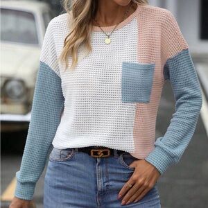 Shein Color Block Tee White Pink Blue Waffle Knit Patched Pocket Large Women’s